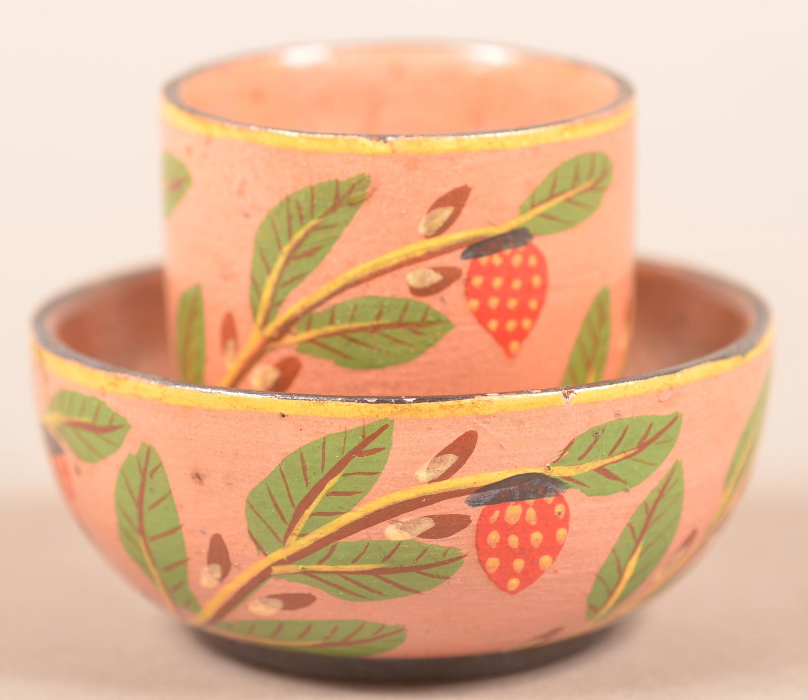 Lehnware Strawberry Pattern Cup and Saucer.: Lehnware Strawberry Pattern Cup and Saucer. (Joseph Long Lehn, 1798-1892, Clay Township, Lancaster County, Pennsylvania). Turned poplar wood with strawberry, pussy willow and leaf hand-painted decorat
