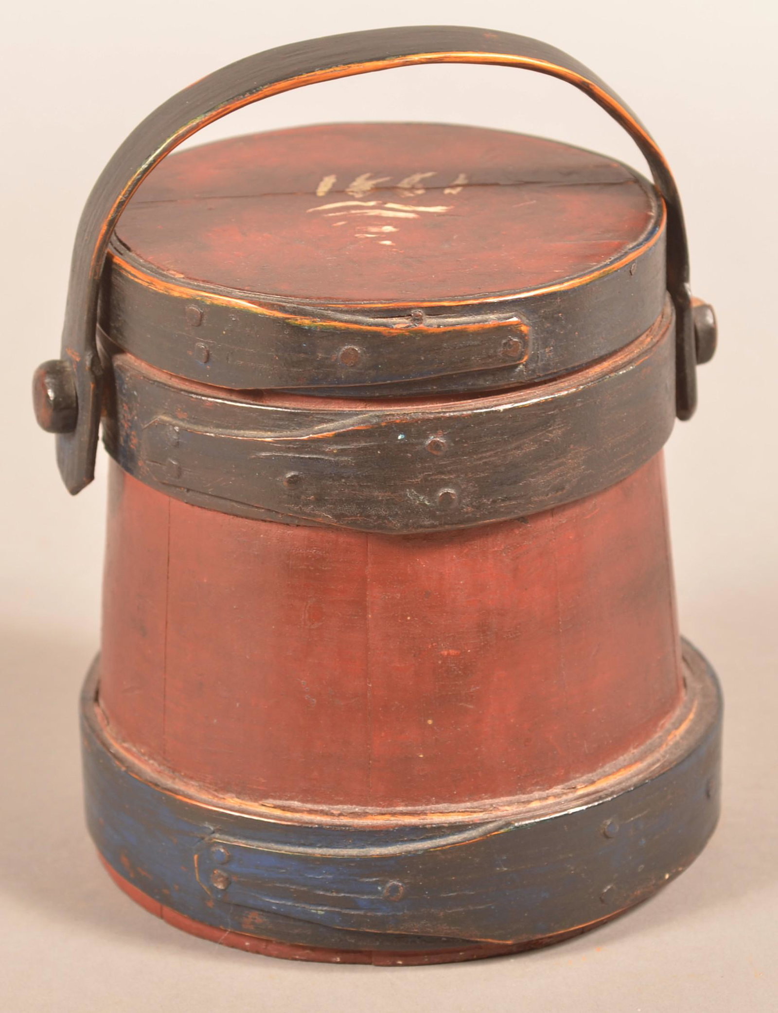 Miniature Painted Pine Firkin Dated 1861.: Miniature Painted Pine Firkin Dated 1861. Signed E.J. Gray on base. Old red and blue surface, vertical staves, bent wood handle with peg attachments, bentwood support bands with tapered lap joints. Pr