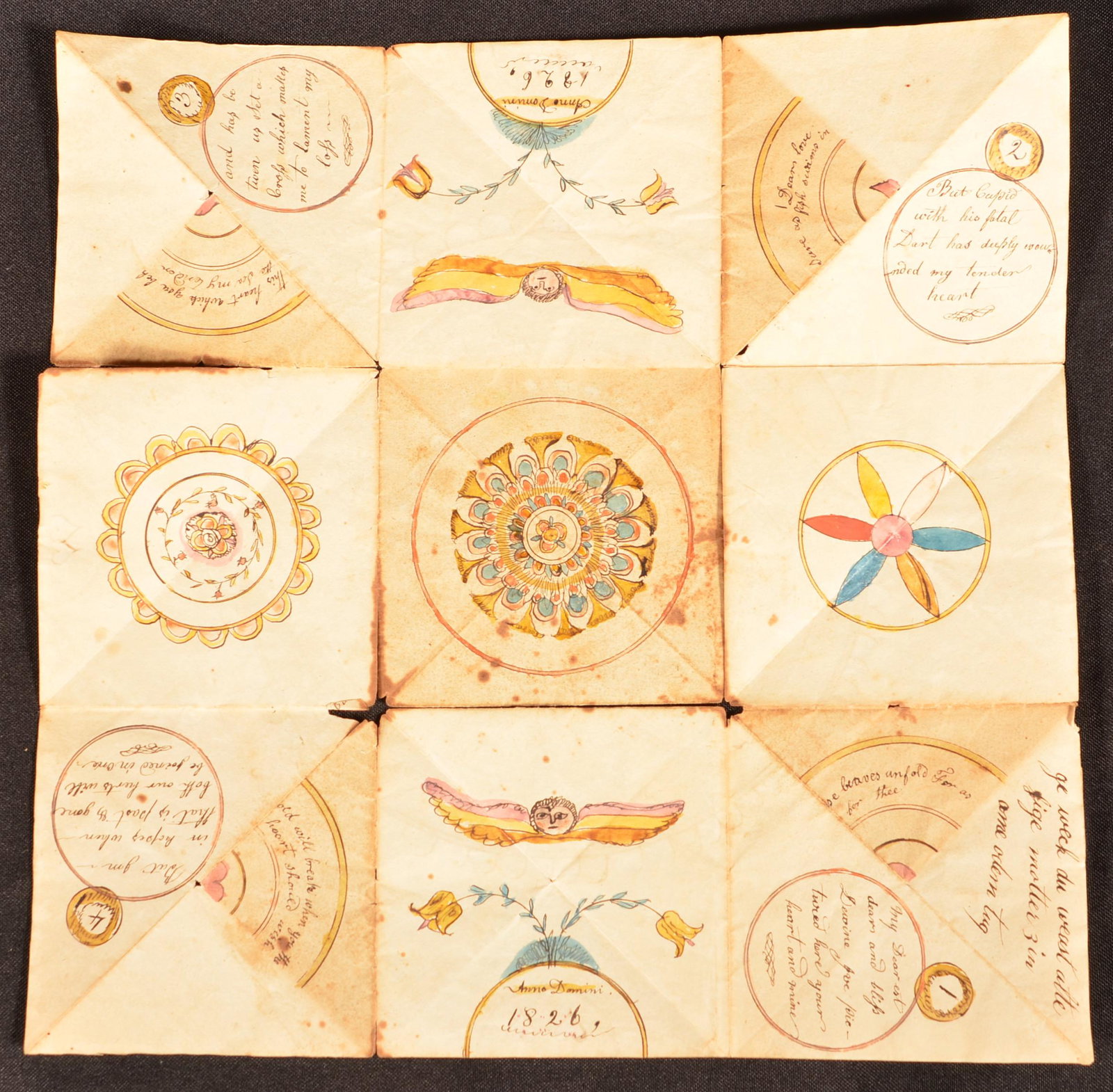 Southeastern PA Fold-Out Valentine Fraktur Dated 1826.: Southeastern Pennsylvania Fold-Out Valentine Fraktur Dated 1826. Angels, pin-wheels, hearts and tulip motifs. Unframed, 11-3/4" square. Eugene and the late Vera Charles, Lancaster, PA. Condition: Fair