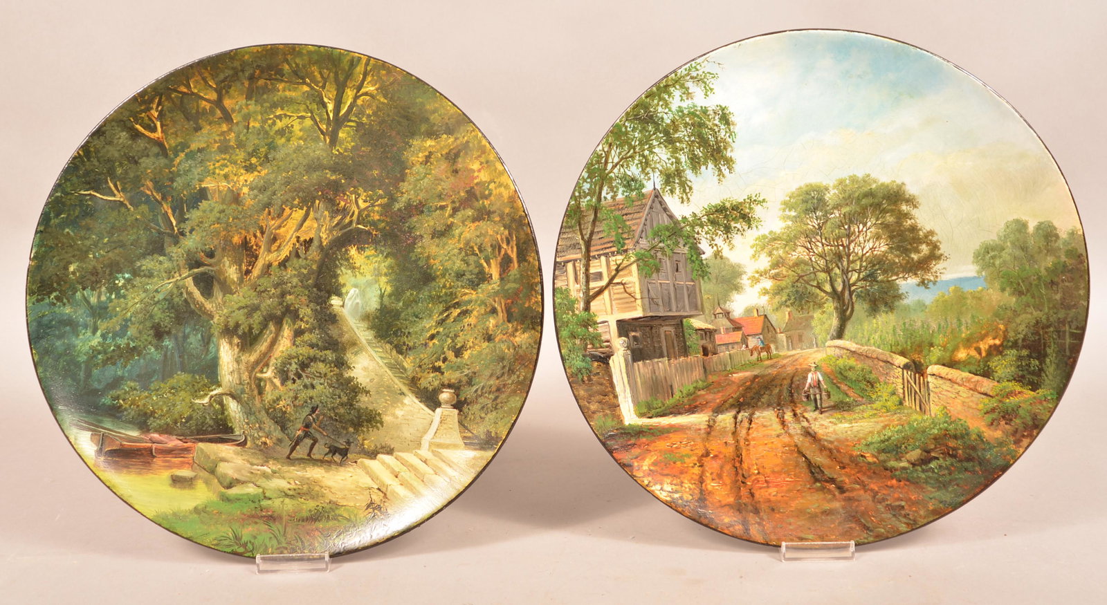 Two J. H. Raser Pair Of Papier Mache: Pair of J. H. Raser Papier Mache' Landscape Plates. (John Heyl Raser, Berks County, PA., 1824-1901). One depicting a man carrying buckets of water in a village and signed lower right Raser; the other