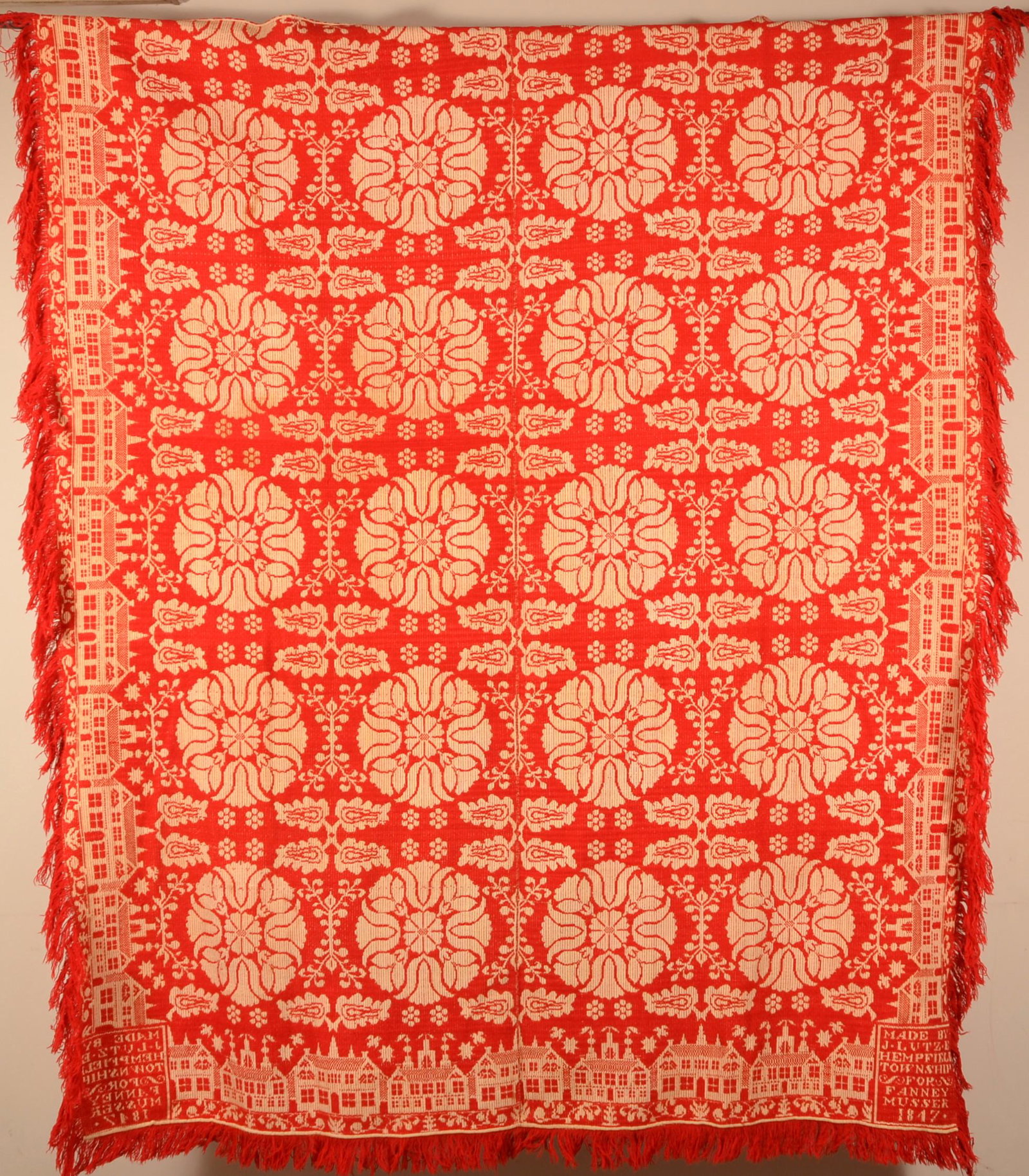 1847 Lancaster County, PA Jacquard Coverlet.: Lancaster County, PA Red and Neutral Two-Part Woven Jacquard Coverlet. Signed "Made by J. Lutz, e. Hempfield Township, For Fanney Musser 1847". Eugene and the late Vera Charles, Lancaster, PA. 76" x 9
