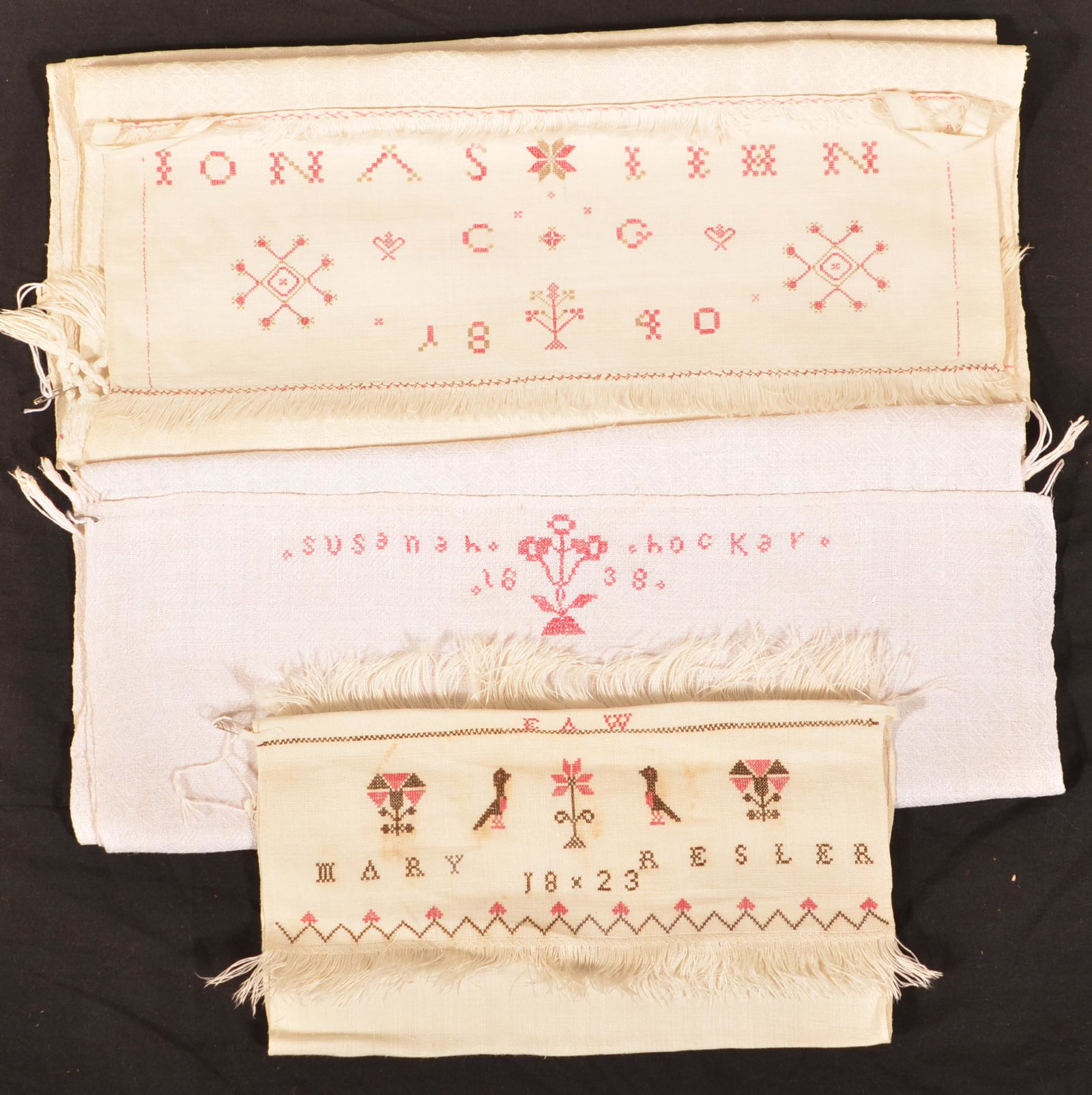 Three Various 19th Century Needlework Show Towels.: Three Various 19th Century Needlework Show Towels. Eugene and the late Vera Charles, Lancaster, PA. Largest 17-1/2" x 58". Condition: Very good, minor stains.