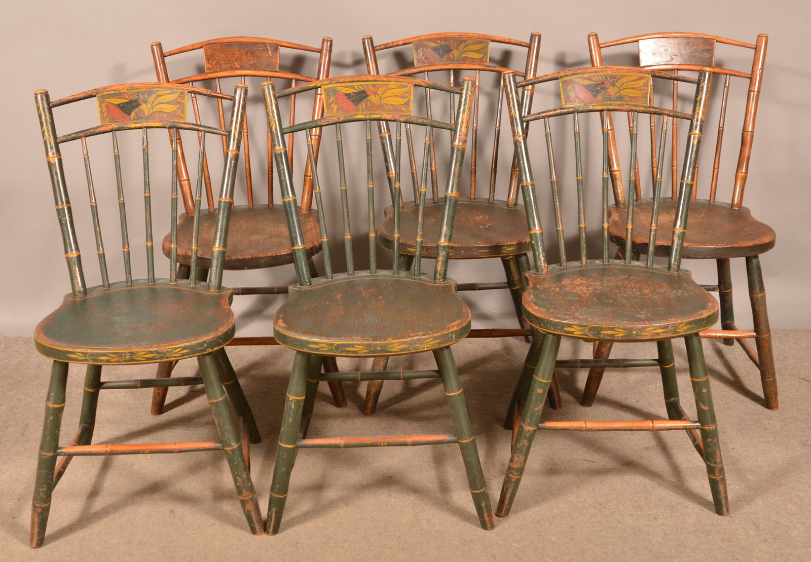 Set of Six Tablet-Back Windsor Side chairs.: Set of Six Tablet-Back Windsor Side Chairs. Bamboo-turned with shield-shaped seats. Eugene and the late Vera Charles, Lancaster, PA. Seat height 18", 33-1/2" high overall. Condition: Fair to good with