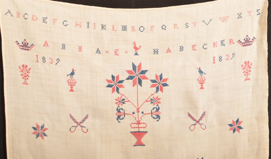 1839 Lancaster, PA Show Towel by Anna E. Habecker.: Lancaster, Pennsylvania Cross Stitch Show Towel by Anna E. Habecker, Dated 1839. Alphabet banner, birds, stags, scissors and floral devices. Eugene and the late Vera Charles, Lancaster, PA. 15-3/4" x 