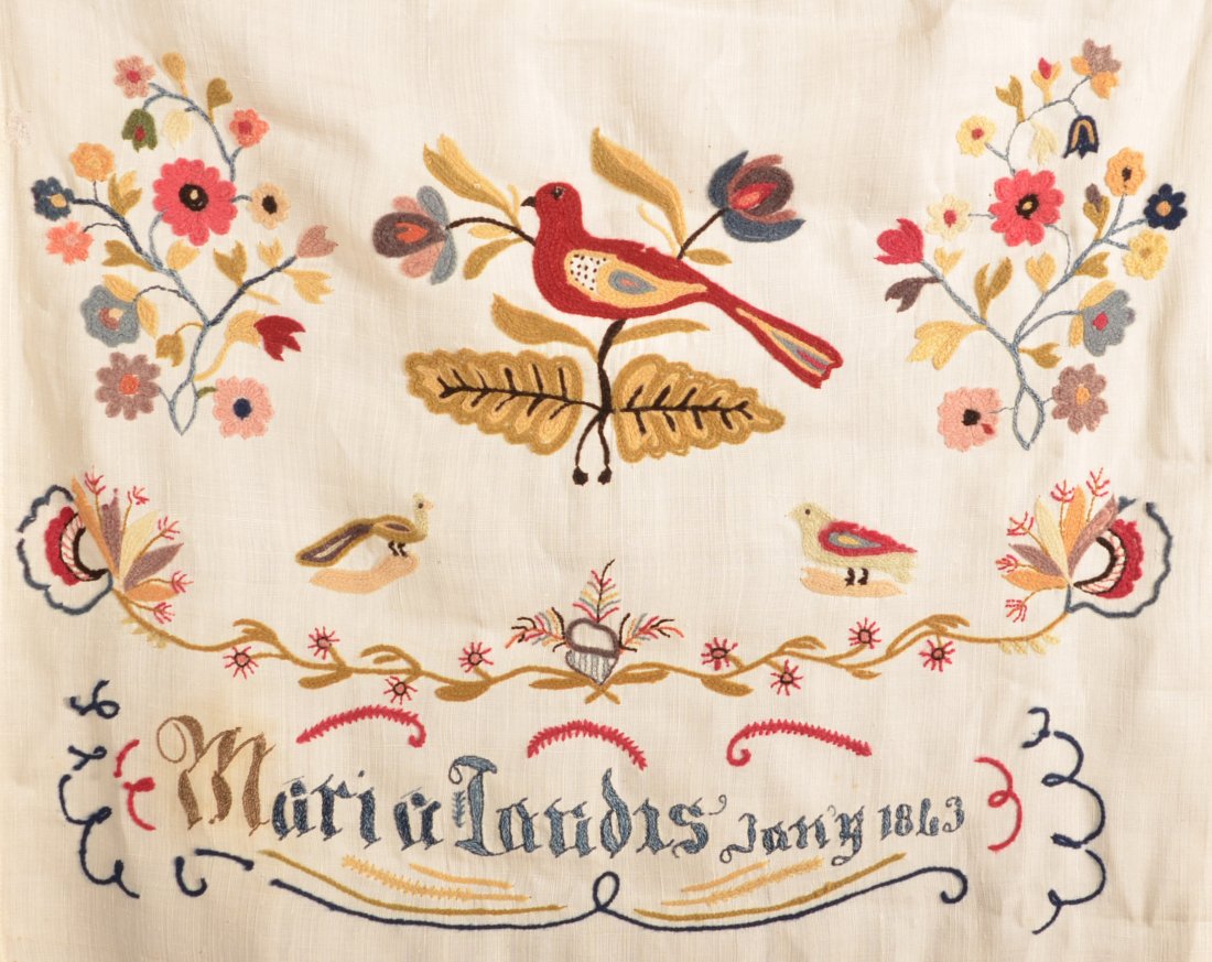 1843 Lancaster, PA Show Towel by Maria Landis.: Lancaster, Pennsylvania Needlework Show Towel by Maria Landis, Dated January 1843. Birds, dog, tulips and floral devices. Eugene and the late Vera Charles, Lancaster, PA. 15-3/4" x 58". Condition: Ver