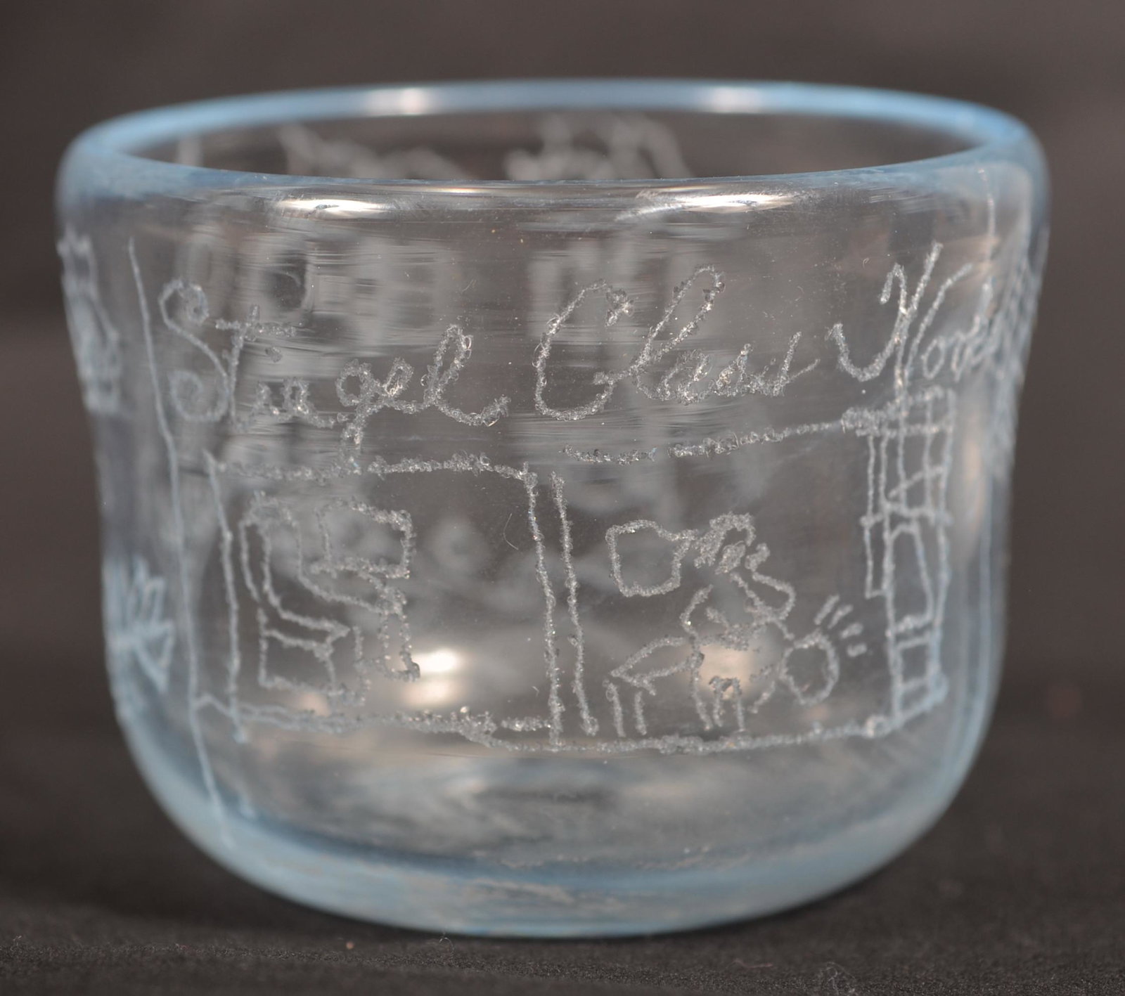 Commemorative Stiegel Glass Works Cup.: Commemorative "Stiegel Glass Works" Cup. Blown Aqua Glass with engraved scenes, broken pontil. 2"h. x 2-1/2" diam. Condition: Very good.