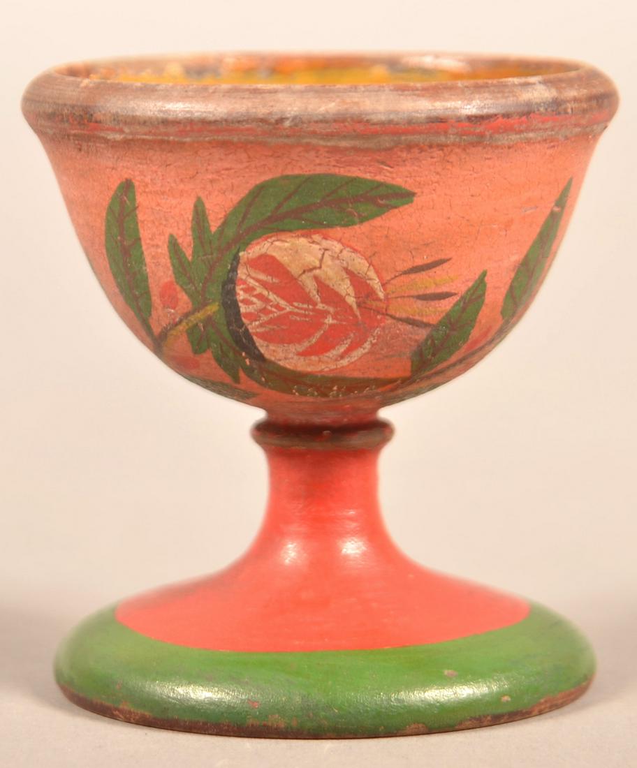 Lehnware Pomegranate Decorated Footed Master Salt.: Lehnware Pomegranate Decorated Footed Master Salt. (Joseph Long Lehn, 1798-1892, Clay Township, Lancaster County, Pennsylvania). Turned poplar, polychrome painted with salmon ground and yellow interio