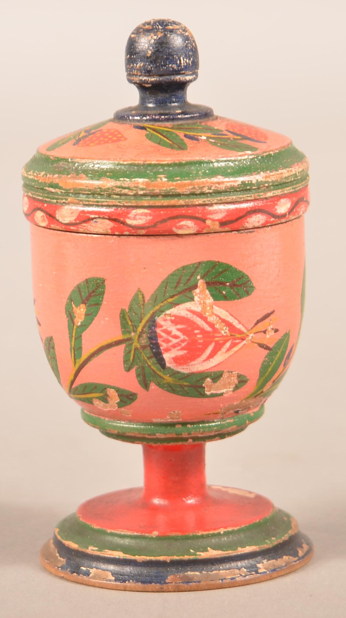 Lehnware Turned & Painted Poplar Covered Saffron Cup.: Lehnware Turned and Painted Poplar Covered Saffron Cup. (Joseph Long Lehn, 1798-1892, Clay Township, Lancaster County, Pennsylvania). Strawberry and thistle flower decoration. 4-1/2"h. Condition: Fair