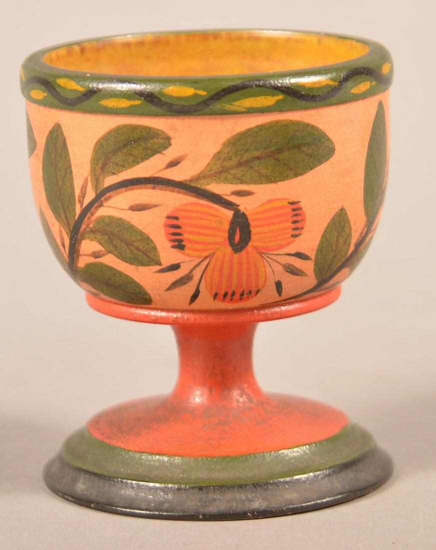 Lehnware Floral Decorated Footed Master Salt.: Lehnware Floral Decorated Footed Master Salt. (Joseph Long Lehn, 1798-1892, Clay Township, Lancaster County, Pennsylvania). Turned poplar wood, polychrome painted with salmon ground and yellow interio