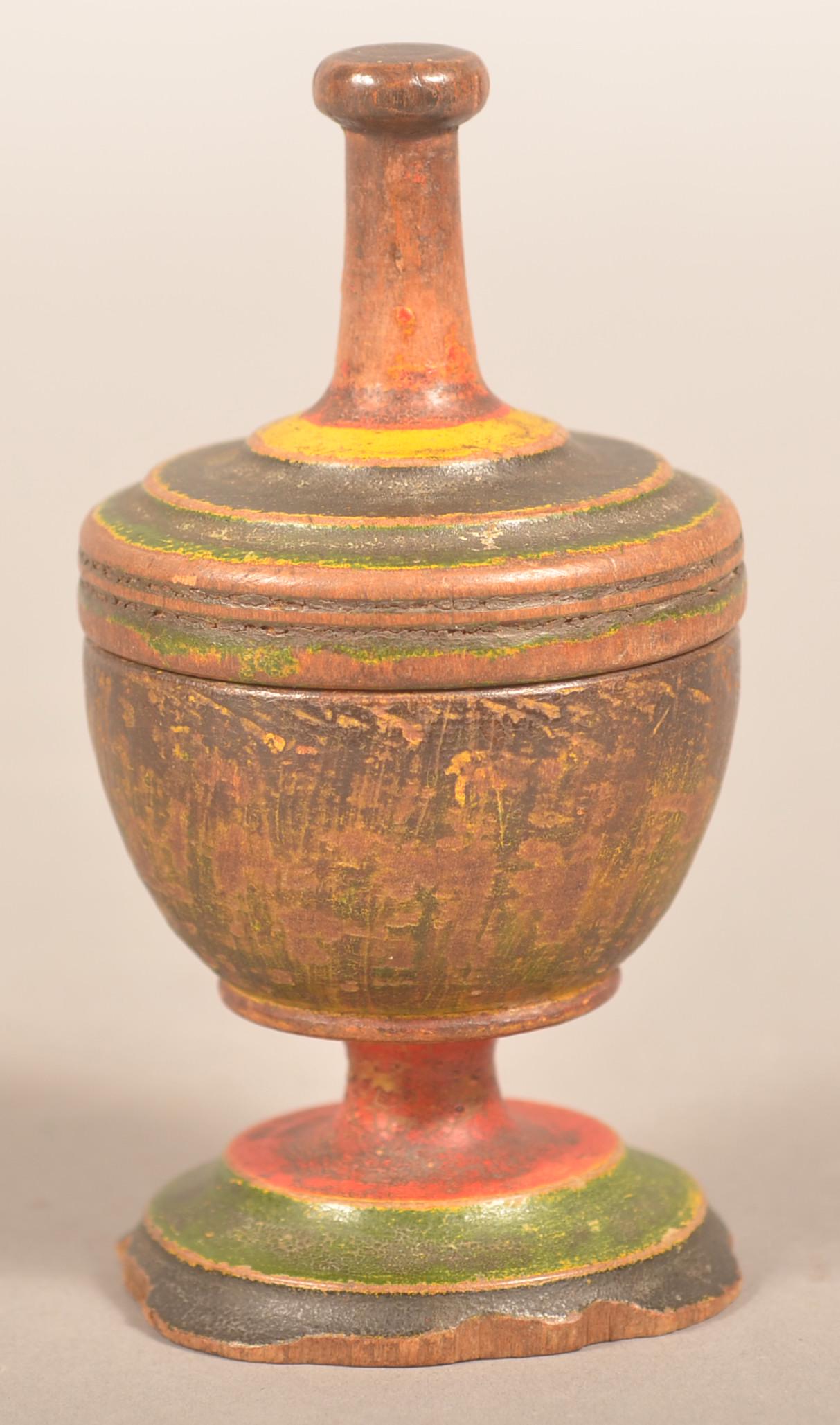 Lehnware Turned Poplar Covered & Footed Saffron Cup.: Lehnware Turned Poplar Covered and Footed Saffron Cup. High-post finial with sponge decorated body. Eugene and the late Vera Charles collection, Lancaster, PA. 4-1/2"h. Condition: Fair with wear and b
