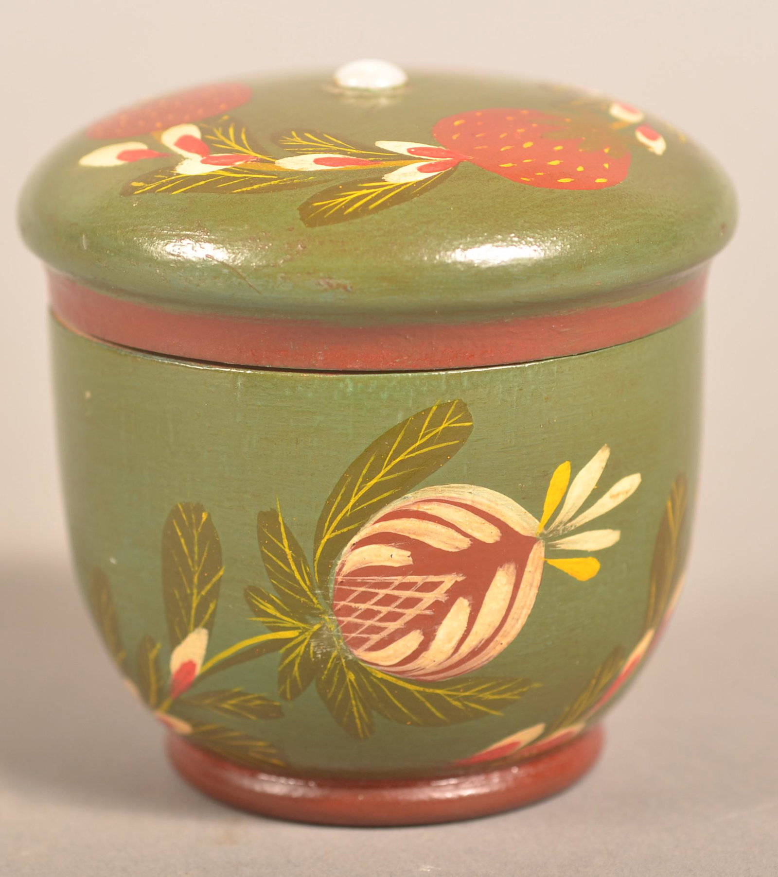 Millie Zuck, Lititz, PA 1949 Folk Art Painted Saffron: Vintage Folk Art Painted Saffron Cup. Signed on base "HMZ 49". (Millie Zuck, Lititz, Lancaster County, PA, 1949). Green ground with strawberry, pomegranate and pussy willow decoration. Eugene and the 