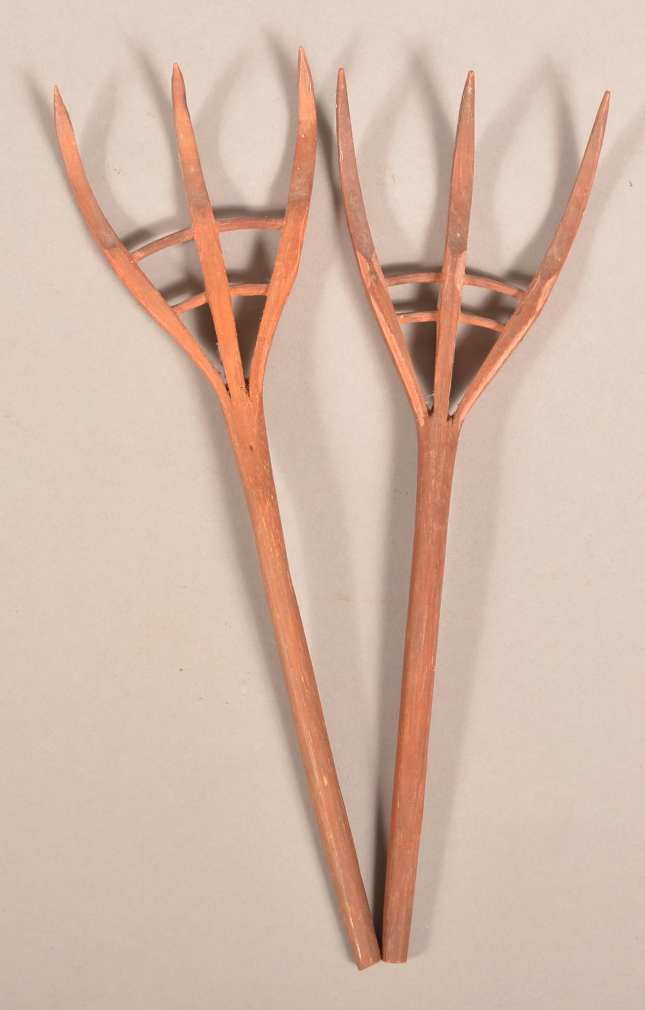 Two Vintage Salesman Sample Three Tine Hay Forks: Two Vintage Salesman Sample Three Tine Hay Forks. Eugene and the late Vera Charles collection, Lancaster, PA. 11" and 11-1/2"l. Condition: Very good.