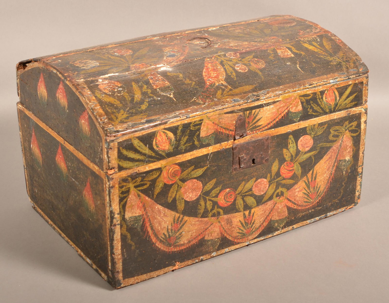 Polychrome Decorated Softwood Dome Lid Lock Box.: 18th Century Polychrome Decorated Softwood Dome Lid Lock Box. 121913"d. Condition: Good with wear, cracks and losses. Missing hasp and hinges. Old insect damage.