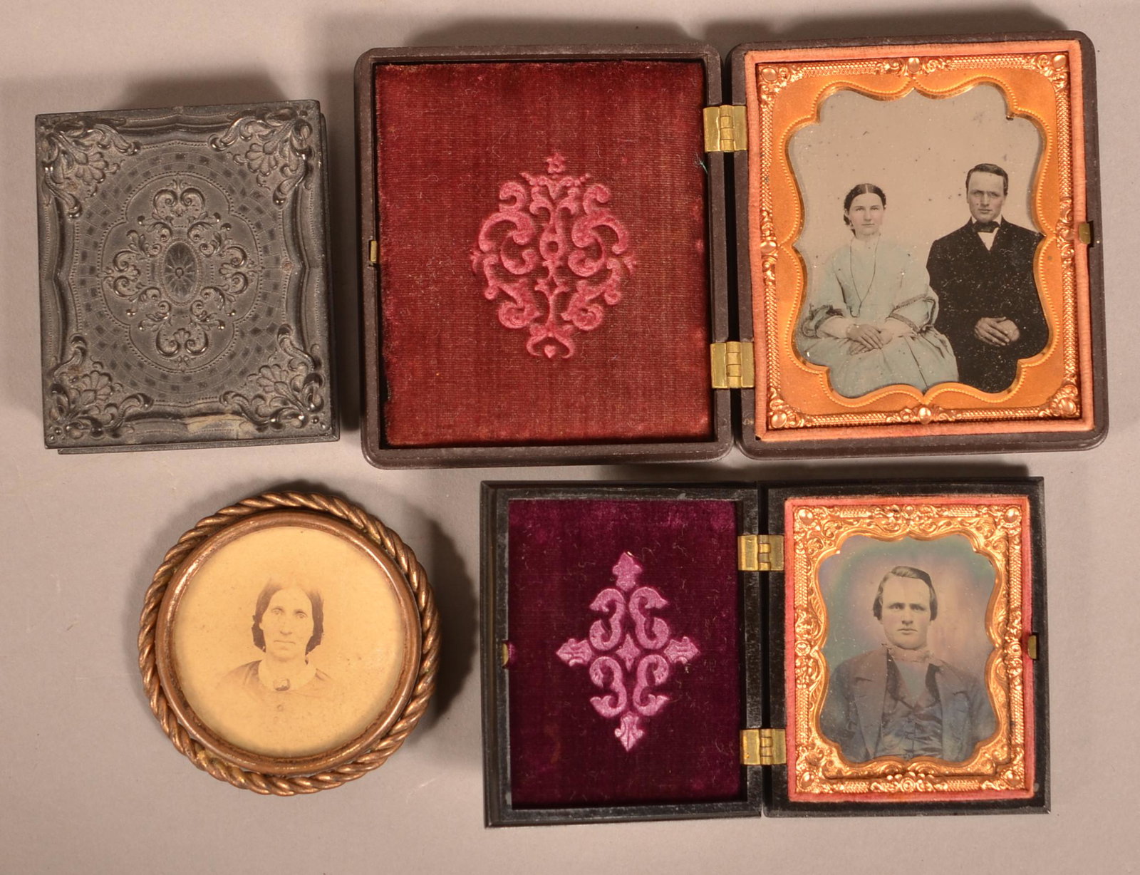 Three Antique Images of Man and Wife.: Three Antique Images of Man and Wife. Ambrotype, tintype and CDV, one empty gutta-percha case. Largest 3-3/4" x 3-3/8" overall. Condition: Good.