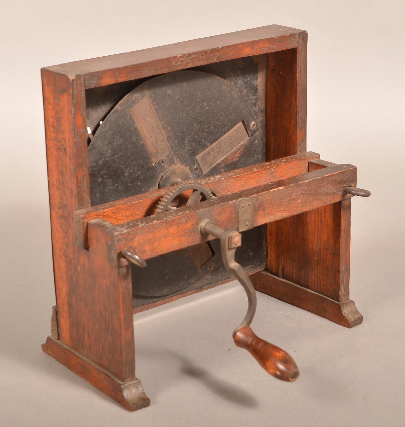 Antique Oak and Metal Crank Action Green Bean Slicer.: Antique Oak and Metal Crank Action Green Bean Slicer. 11-1/2"h. x 12"w. x 10"d. Condition: Good with use wear.