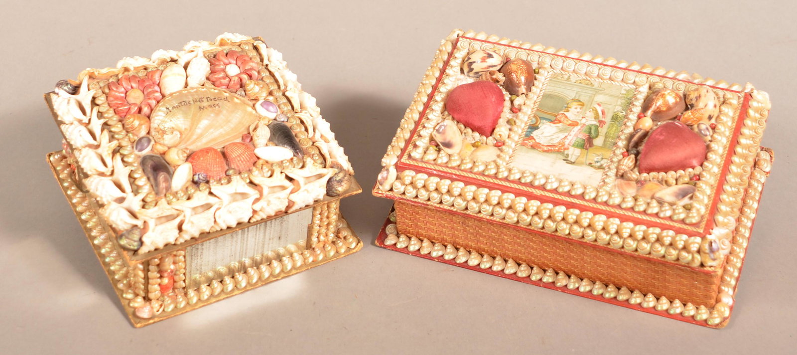 Two Antique/Vintage Shell Decorated Trinket Boxes.: Two Antique/Vintage Shell Decorated Trinket Boxes. Largest 9"w. Condition: Good with wear and minor loss.