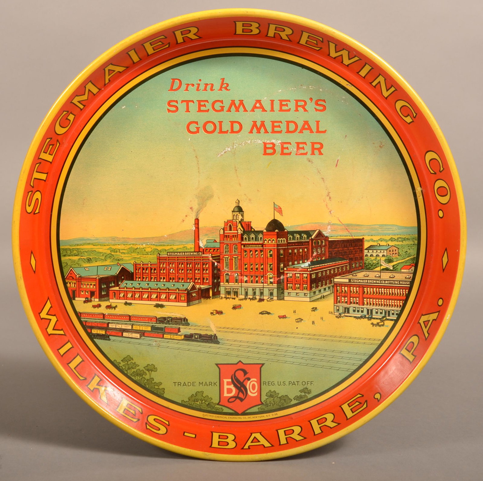 Stegmaier Brewing Co. Tin Litho Advertising Tray.: Stegmaier Brewing Co. Tin Litho Advertising Tray. "Drink Stegmaier's Gold Medal Beer, Wilkes Barre PA". Condition: Good with wear.