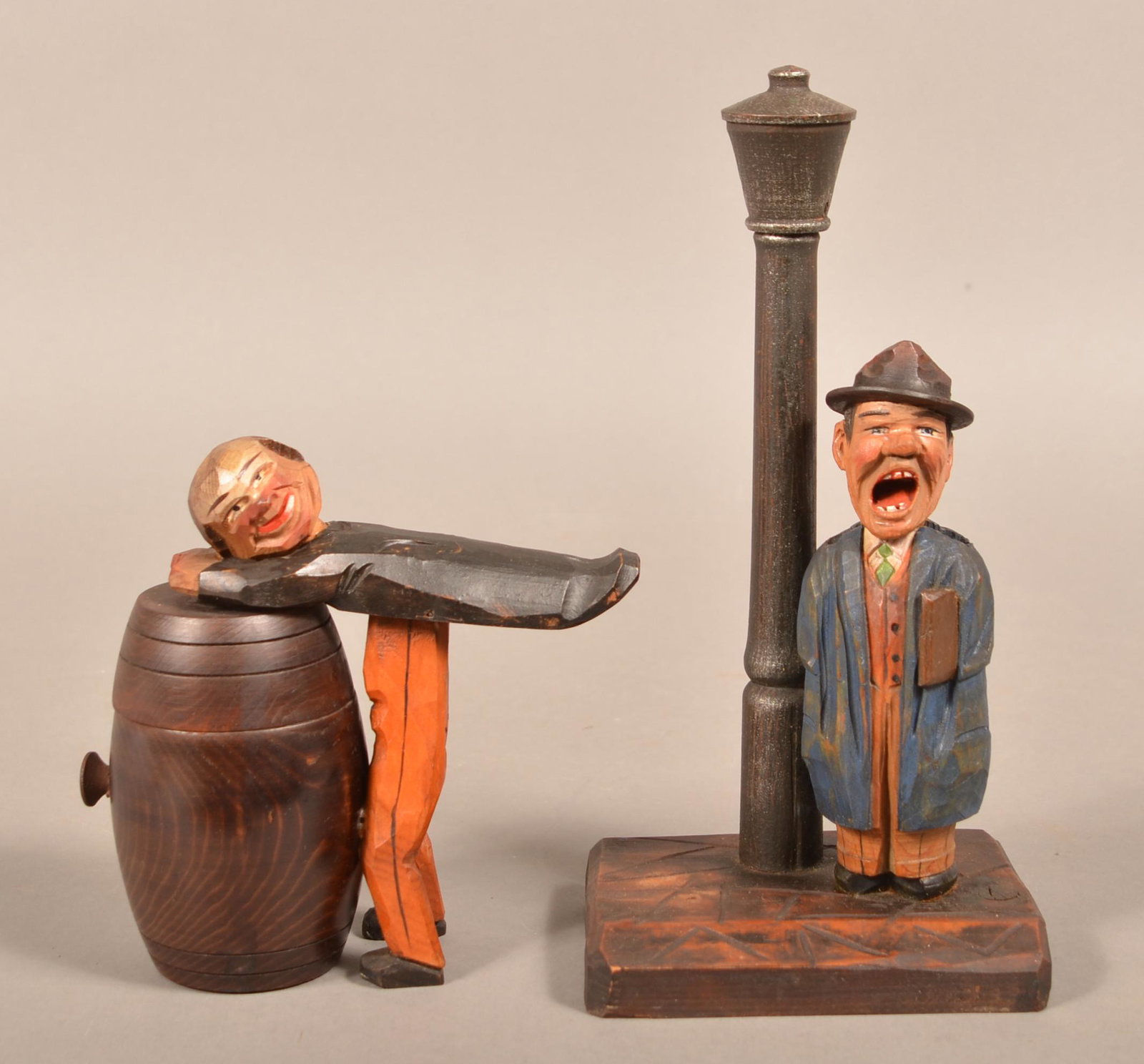 Anri Italian Hand-Carved Wood Bar Set and Tobacco Jar.: Anri Italian Hand-Carved Wood Bar Set and Tobacco Jar. Tone stamped "Made in Italy". Tallest 10-1/4"h. Condition: Good with minor wear.