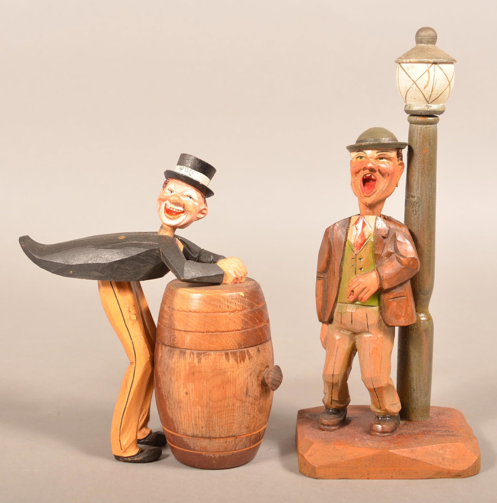 Anri Italian Hand-Carved Wood Tobacco Jar and Bar Set.: Anri Italian Hand-Carved Wood Tobacco Jar and Bar Set. One labeled. Tallest 10-1/4"h. Condition: Good with minor wear.