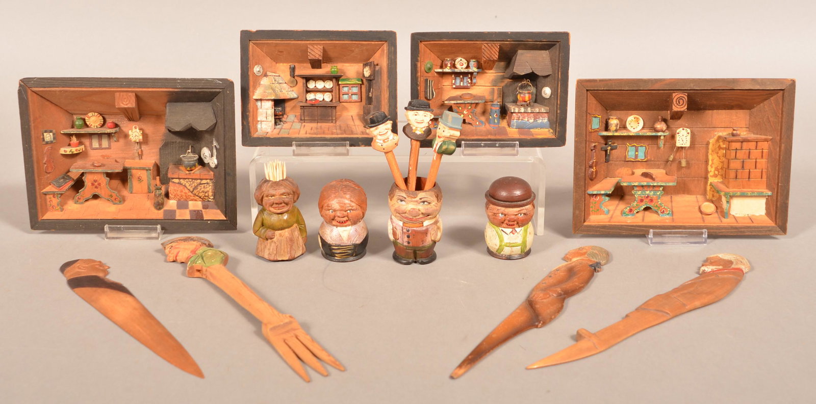 Anri Carved Wood Dioramas and Miscellaneous Items.: Lot of Anri Carved Wood Dioramas and Miscellaneous Items. Unsigned. Largest diorama 5-1/2"h. x 7-1/2"w. Longest letter opener 10-3/4"l. Condition: Good with minor wear.