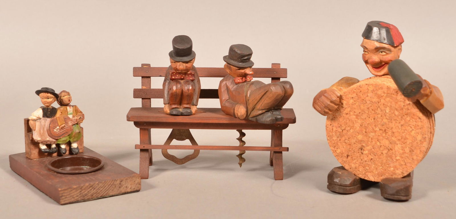 Anri Italian Carved Wood Ashtray, Bar Set and Coasters.: Anri Italian Hand-Carved Wood Ashtray, Bar Set and Coasters. One labeled. Tallest 6"h. Condition: Good with minor wear.