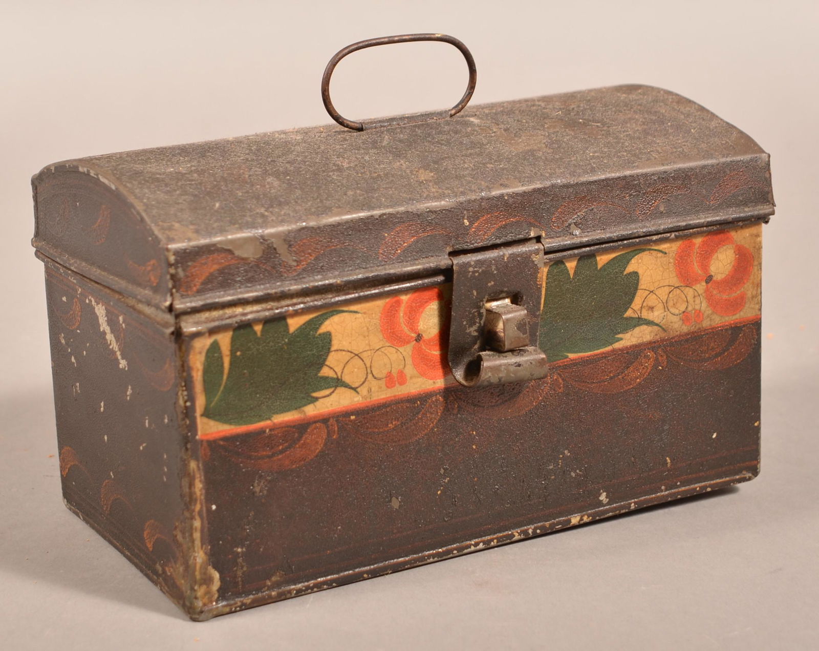 PA 19th Century Toleware Dome Top Document Box.: Pennsylvania 19th Century Toleware Dome Top Document Box. Polychrome floral and foliate painted decoration. Rectangular form with dome hinged lid, wire ring finial and scrolled hasp. 4-3/4" h. x 8" w.