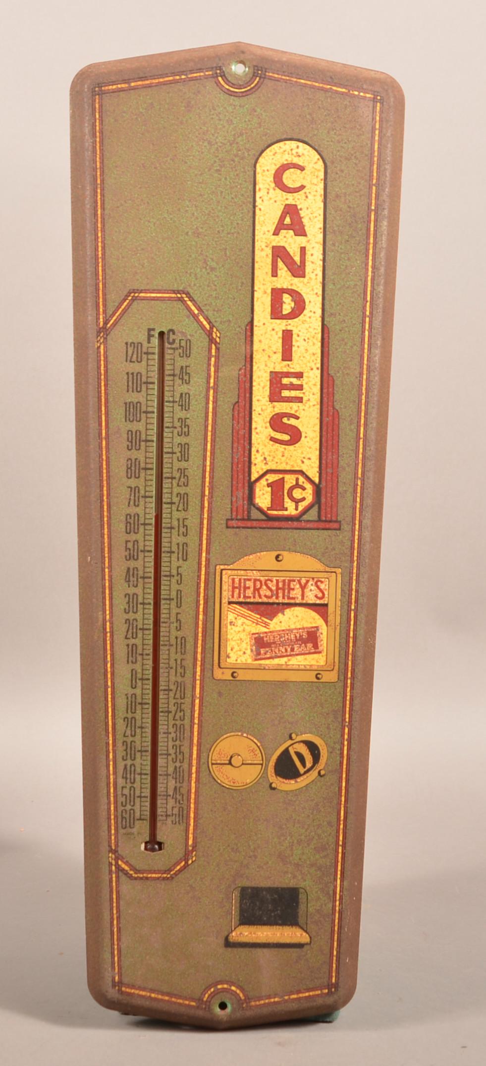 Vintage Hershey's Candies Tin Lithograph Thermometer.: Vintage Hershey's Candies Tin Lithograph Thermometer. Styled to look like a candy dispenser. 24"h. Condition: Good with minor wear and scattered rust.