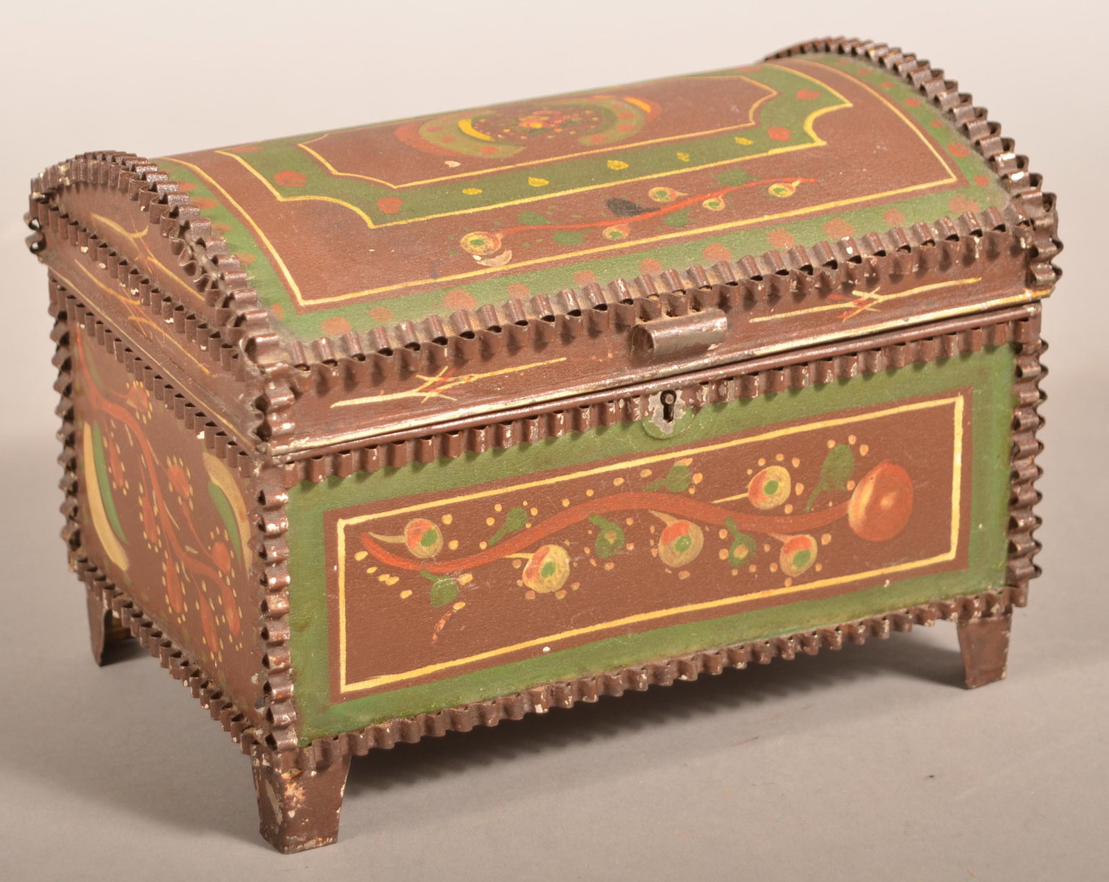 Unusual 19th Cent. Toleware Dome-Lid Document Box.: Unusual Pennsylvania 19th Century Toleware Dome-Lid Document Box. Polychrome floral and foliate decorated on a green and brown ground with yellow trim. Applied wrigglework trim resting on a bracket fo