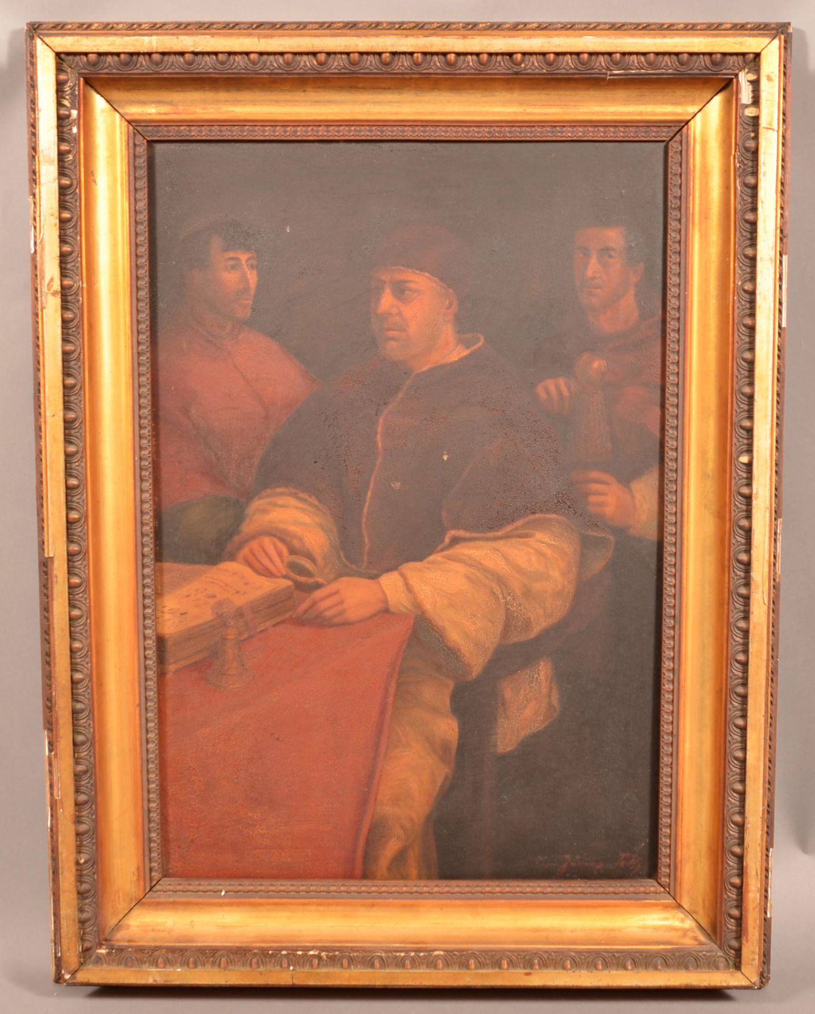 Antique Oil on Board Old Masters Style Religious: Antique Oil on Board Old Masters Style Religious Painting. Depicting two men looking on as a man reads a book, holding a glass magnifier. Signed lower right illegibly. Late 19th century. Image size: 2