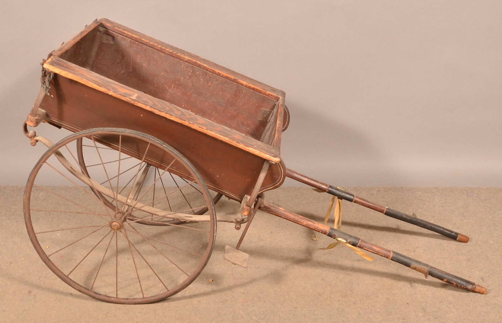 19th Century Painted Wood Goat Cart.: 19th Century Painted Wood Goat Cart. Metal spoke wheels with rubber tread. 26-1/4"h. x 58"l. x 26"w. Condition: Good with wear.