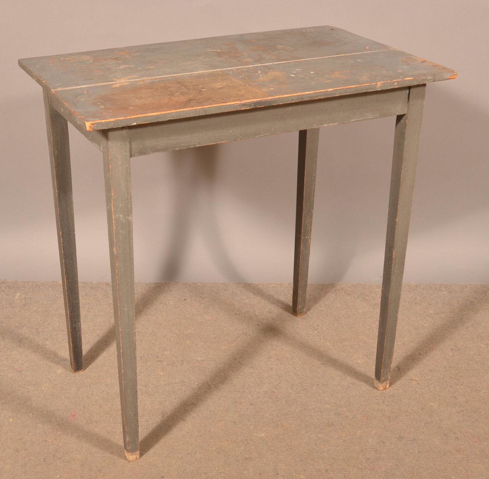 Pennsylvania Country Hepplewhite Painted Work Table.: Pennsylvania Country Hepplewhite Painted Work Table. Original gray paint with tapered legs. 28-1/2"h. x 29-1/4"w. x 19-1/2"d. Condition: Good with wear.