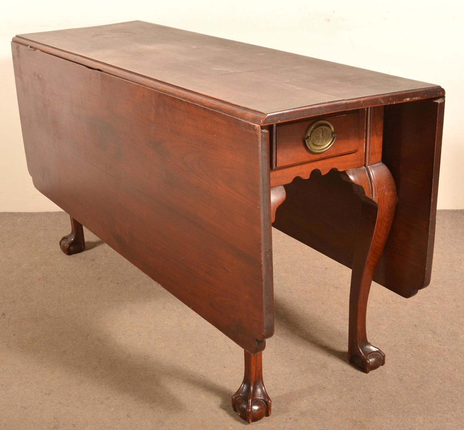 PA Chippendale Walnut Drop-Leaf Dining Table.: Southeastern Pennsylvania Chippendale Walnut Drop-Leaf Dining Table. Notched corners, shaped skirt with double dovetailed drawers, cabriole legs with claw and ball feet. 29"h. x 56-1/2"w. x 19"d. Each