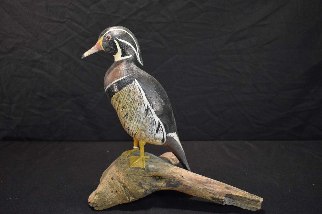 Contemporary Keith Collis Folk-Art Wood Carving: Wood Duck. 14"H. Condition: Very Good.