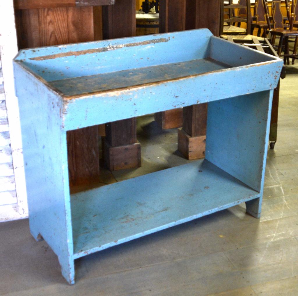 19th C. Primitive Blue-Painted Water Bench (1 of 5)