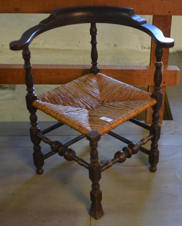 19Th Century Mahogany Rush Seat Corner Chair: With Bulbous Turned Stretcher; Seat Height 17.5". Condition: Good.