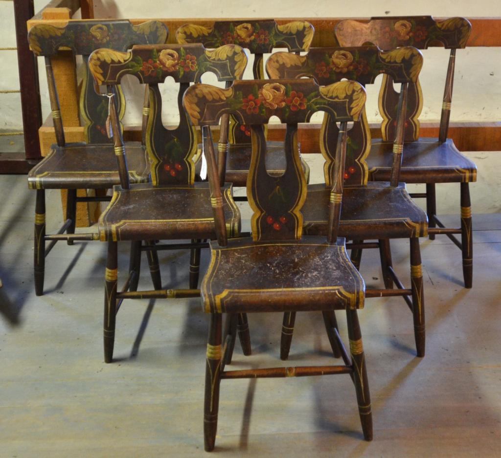 (6) 19th C. Paint-Decorated Plank Bottom Chairs (1 of 3)