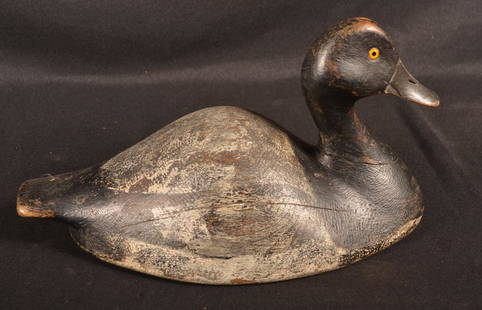 Vintage Wooden Carved Duck Decoy - Bluebill Drake: Frank Strey, Circa 1920, Wisconsin, Length 15". Condition: Good with Minor Age Crack to Body.