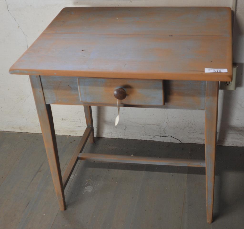 Reproduction Hepplewhite-Style Tavern Table: Single drawer with Tapered Legs with Rubbed Blue Finish; 28.25" x 28.25" x 27.75". Condition: Very Good.