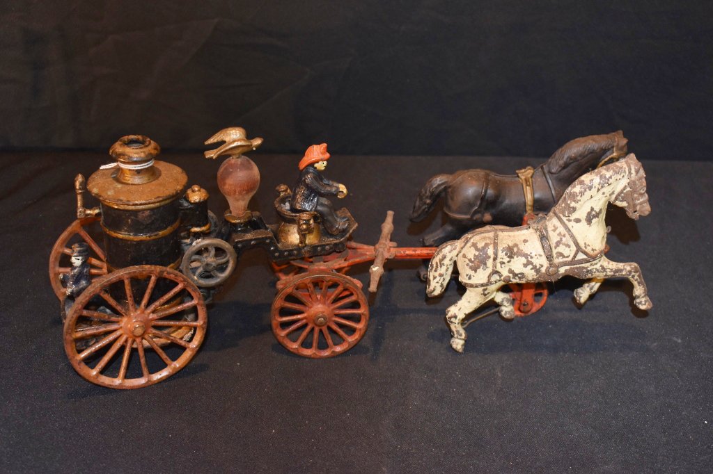 Antique Cast Iron Ives Horse-Drawn Pumper: Circa 1890, Length 17". Condition: Good with Paint Loss.