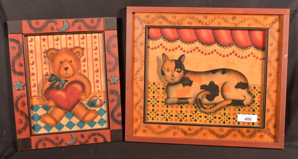 (2) Terrance Graham Contemporary Theorems: On Velvet in Paint-Decorated Frames. Lot of 2, first depicting lying cat, 19" x 22". Second depicting teddy bear, 17.5 x 14.5". Condition: Excellent.