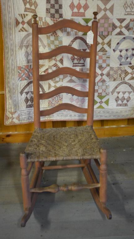 19Th Century Arched Ladder-Back Woven Seat Rocking: with Bold Turned Stretcher, Seat Height 17"Condition: Good-Not originally a Rocking Chair
