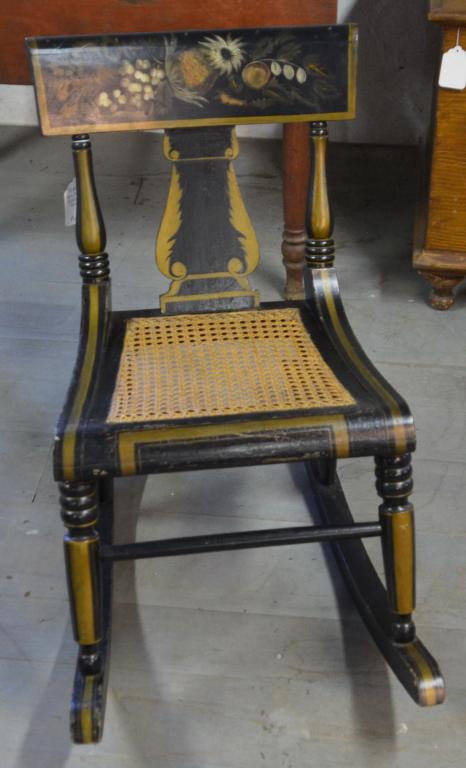 Paint Decorate Cane Seat Rocking Chair: Pineapple and Fruit on Crest Rail, 16"Condition: Good with Use and Wear