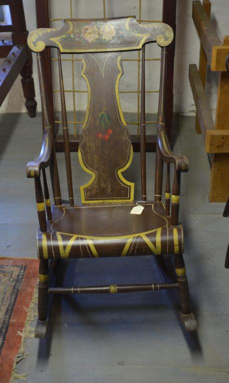 Paint Decorated Rocking Chair: Floral and Stencil Decoration; Seat Height 17"Condition: Good