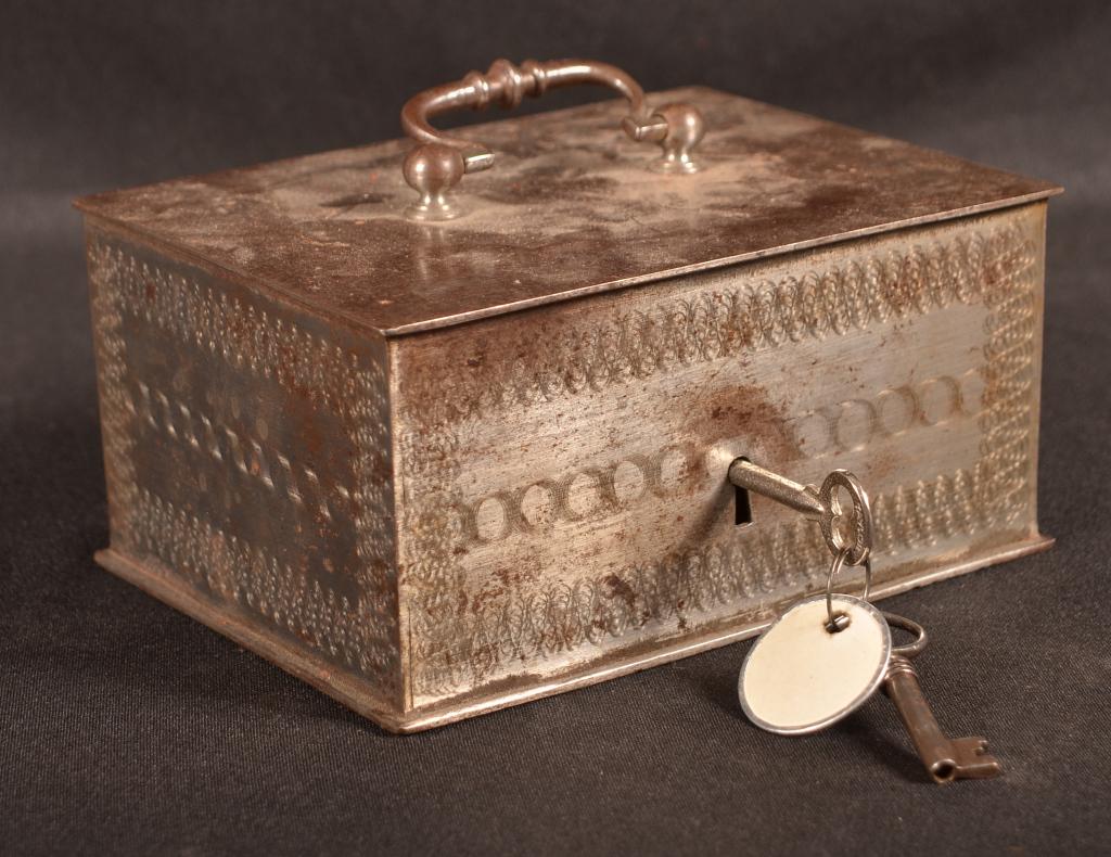 Antique Decorated Metal Lock Box (1 of 3)