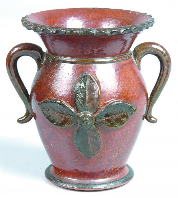 Stahl Pottery Redware Flower Vase, bulbous form with: Stahl Pottery Redware Flower Vase, bulbous form with flared and crimped rim, opposing applied handles, applied flower decoration, mottled brown glaze, incised on bottom "Made by R.R Stahl In the Stahl