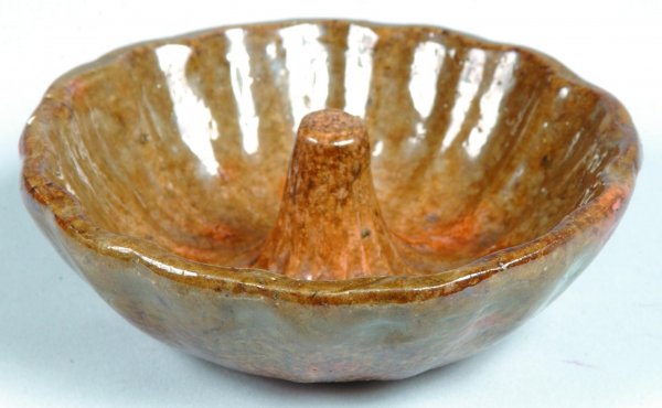 Green Stahl Pottery Redware Jelly Mold, scalloped ri: Green Stahl Pottery Redware Jelly Mold, scalloped rim and interior with center post, mottled green glaze, incised on bottom "made in Stahl Pottery by Thomas Stahl, Aug-10, 1939", 1-1/2"h. X 4-1/2"dia.