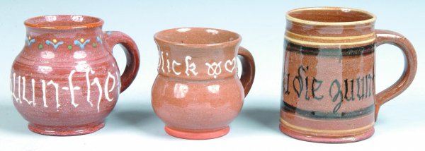 Three Left Handed Russell Henry Pottery Mugs, with 