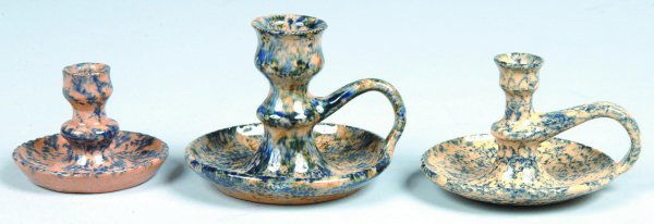 Three Left Handed Russell Henry Pottery Candle Hold: Three Left Handed Russell Henry Pottery Candle Holders, blue sponged decorations, all inscribed on bottom Henry's name and 73,75, 78 dates, etc., 3 – 2"h., (good).