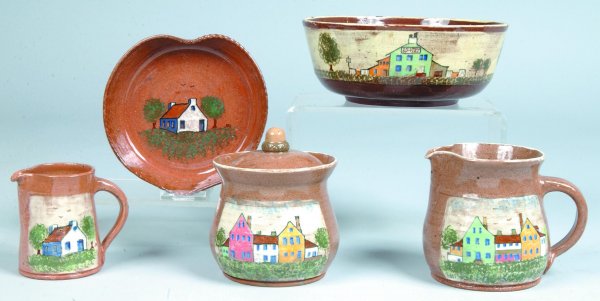 Five Left Handed Russell Henry Pottery Pieces with : Five Left Handed Russell Henry Pottery Pieces with Houses Depicted, bowl, covered bowl with acorn finial, creamer, small pitcher, and plate, all with brown ground, polychrome village and house scenes,