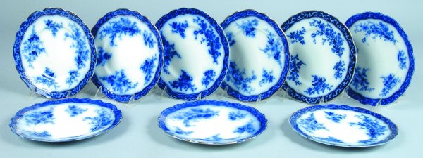 Nine Flow Blue "Touraine Plates, printed makers ma: Nine Flow Blue "Touraine Plates, printed makers mark, 8-3/4"diam., (good condition with one with edge chip).